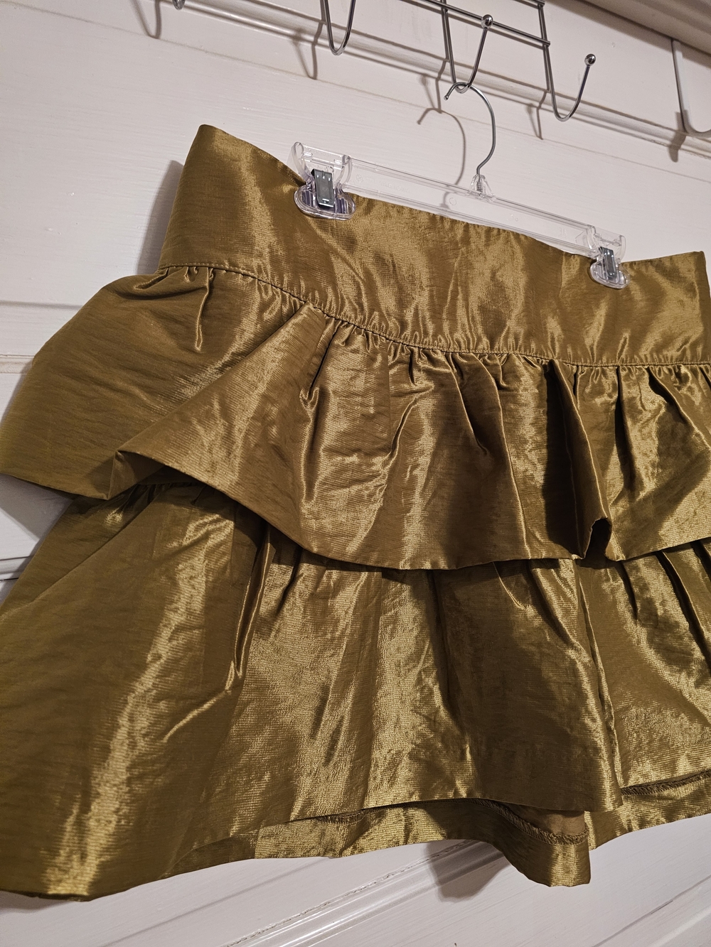 Scoop Tiered Ruffle Mini Skirt Olive Dust Gold Metallic Tafteta Size 16/18 XL - Picture 2 of 10